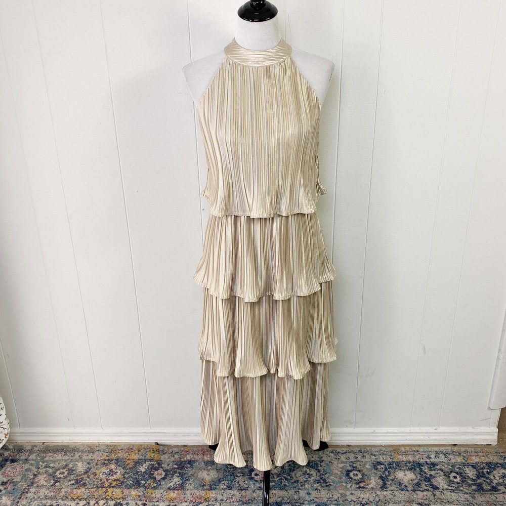 Lena Gold Pleated Tiered Halter Midi Dress Size Medium Accordian Ruffle Party